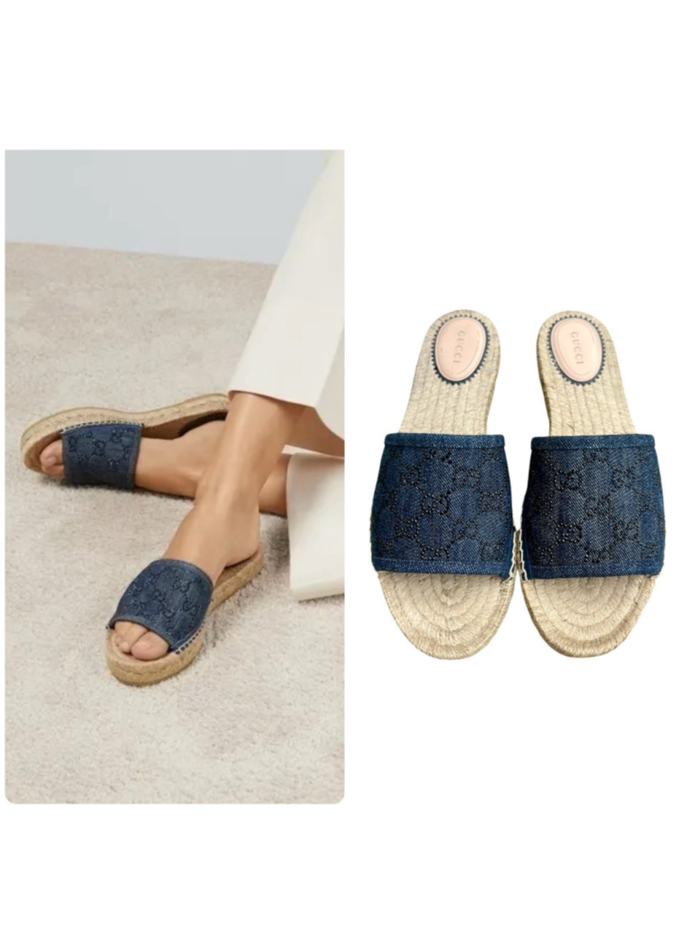 Gucci Denim Crystals GG Monogram Espadrille 20mm Slide Sandals EU 40 US 10